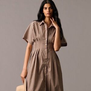Anthropologie Exquise Tobie Button-Front Pleated Shirtdress Brown Stripes